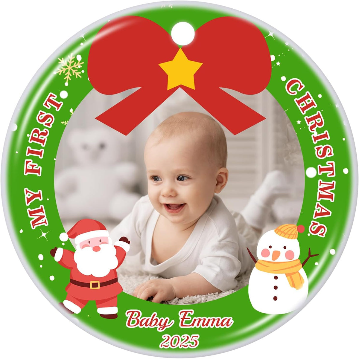 Personalized Baby's First Christmas Ornament 2025, Ceramic Custom Photo Text Christmas Ornament