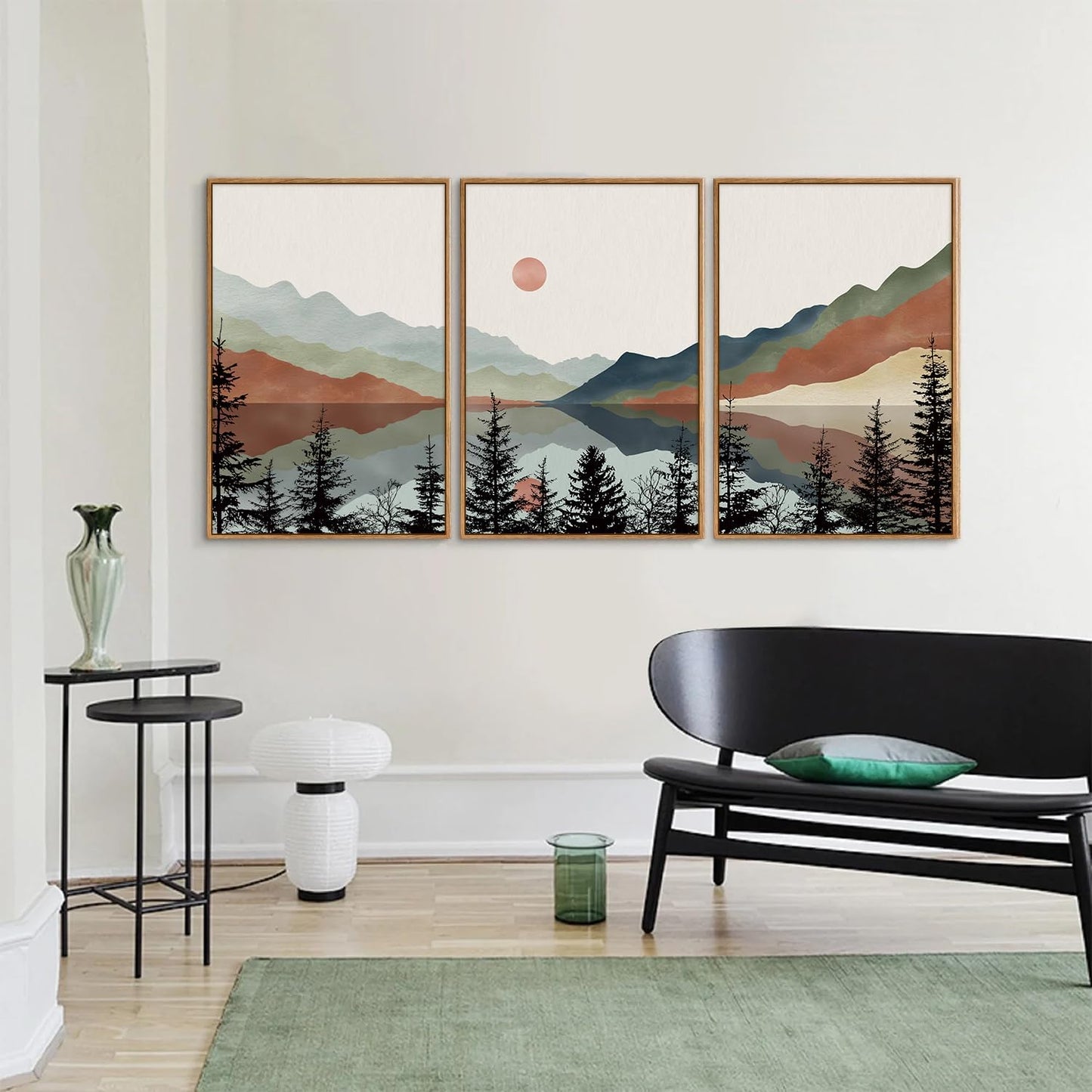 Tinonedraw Boho Mountain Framed Canvas Wall Art Set, Watercolor Nature Landscape Wall Decor, Black