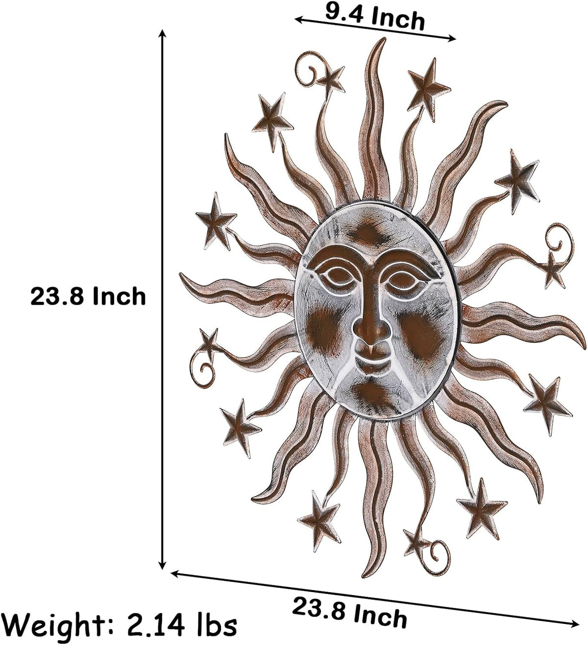 TICKCACY Metal Sun Wall Art Sculpture Decor, 23.8” Vintage Sun and Star Wall Hanging Decoration for