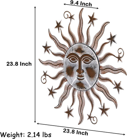 TICKCACY Metal Sun Wall Art Sculpture Decor, 23.8” Vintage Sun and Star Wall Hanging Decoration for