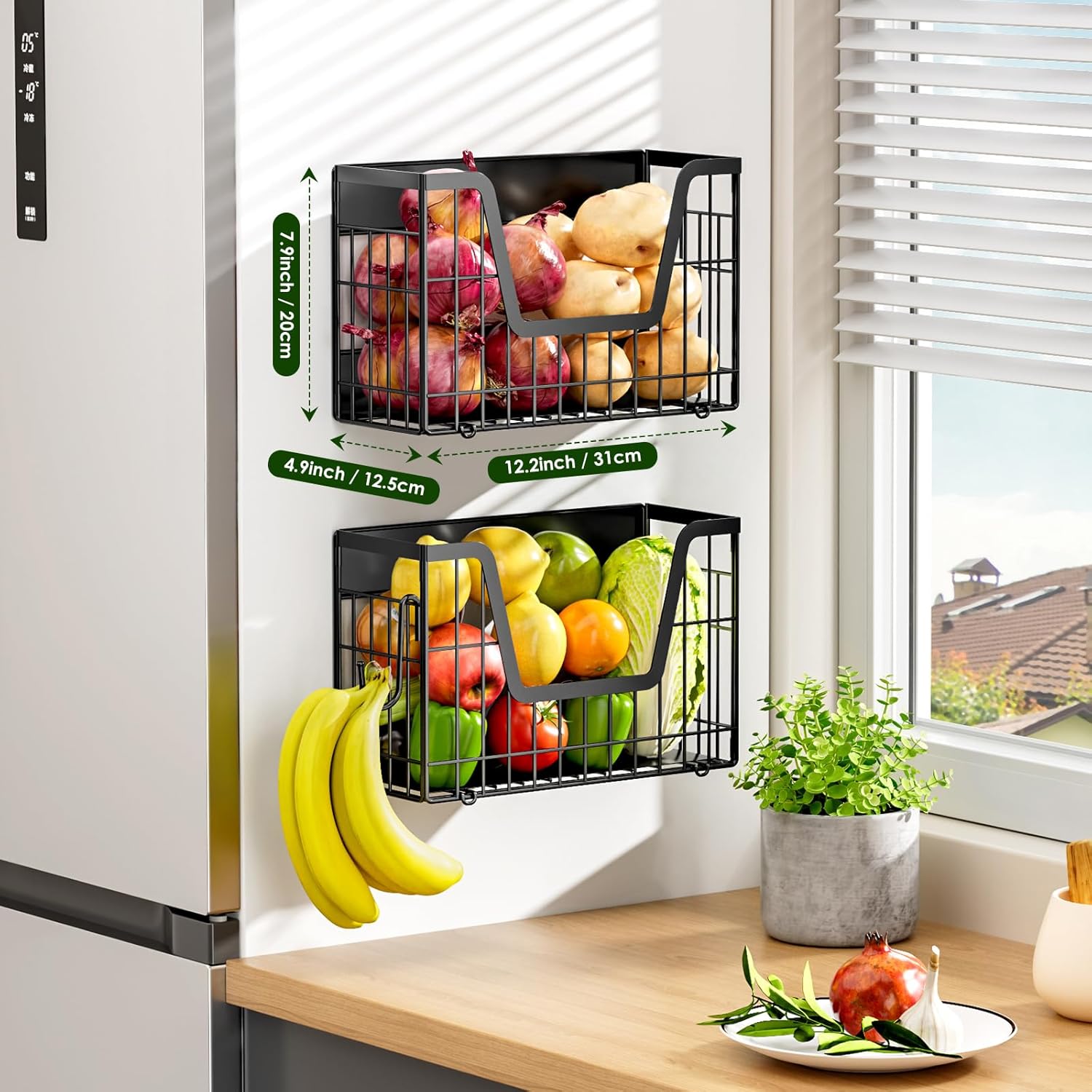 2 Set Magnetic Shelf for Fridge, Potato & Onion Storage Bins, Magnetic Fruit Basket for