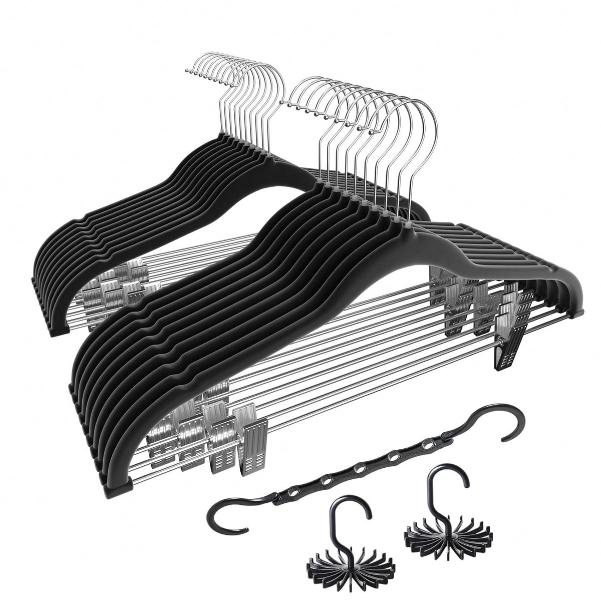 VECELO 20 Pack Black Velvet Clothes Hangers with Adjustable Clips,Heavy-Duty Non Slip &