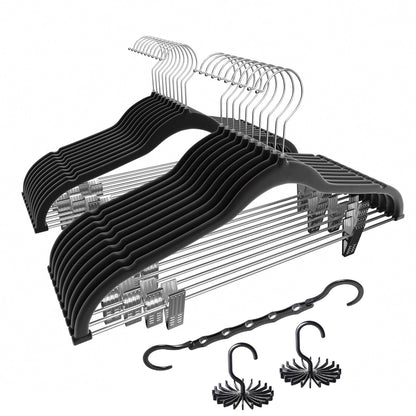 VECELO 20 Pack Black Velvet Clothes Hangers with Adjustable Clips,Heavy-Duty Non Slip &