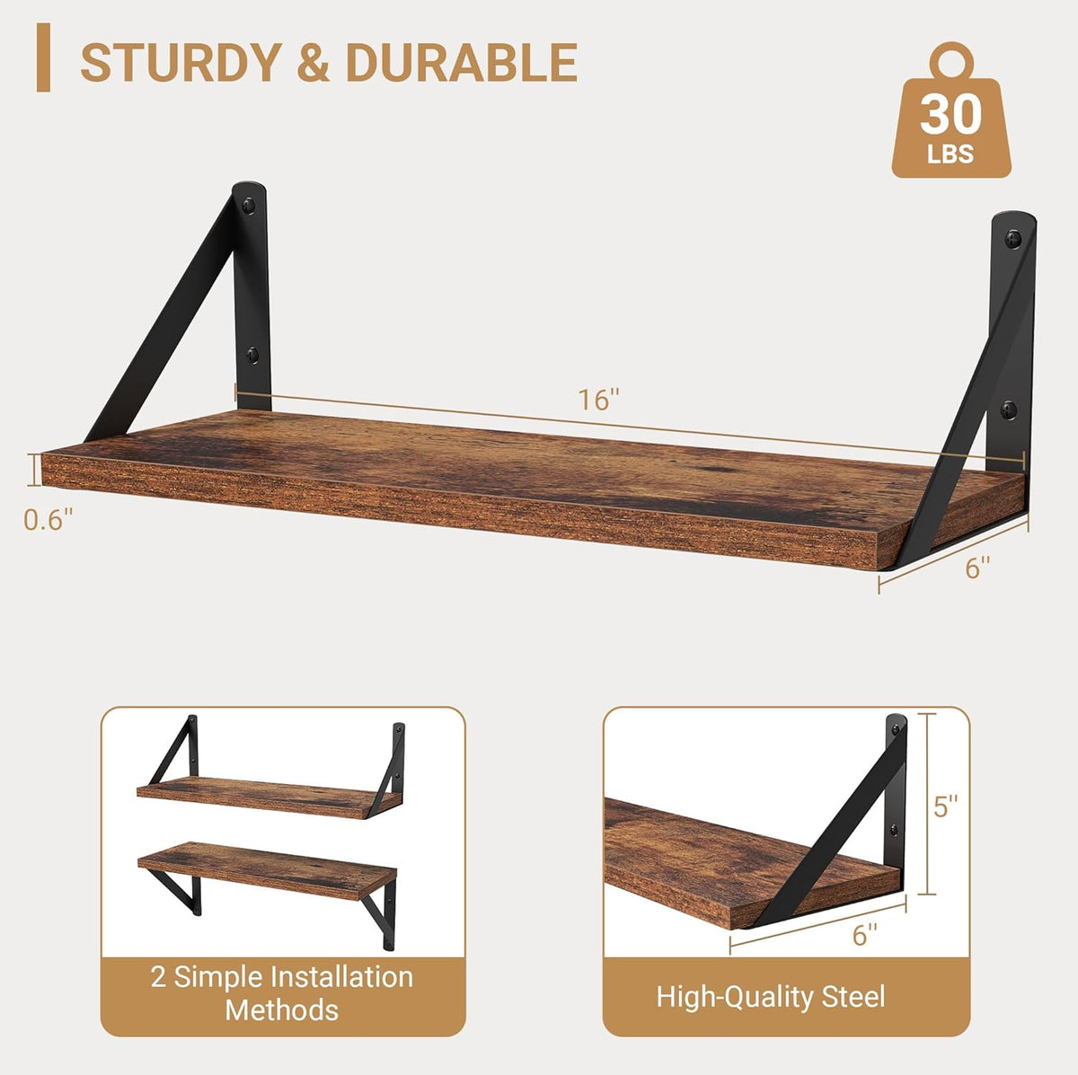 Heimlove Floating Shelves for Wall, 16 Inch Long Wood Floating Shelves Set of 3, Wall Mounted
