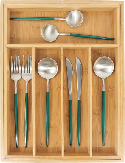 VaeFae Bamboo Drawer Organizer, Expandable Silverware Drawer Organizer, Cutlery Tray with Dividers