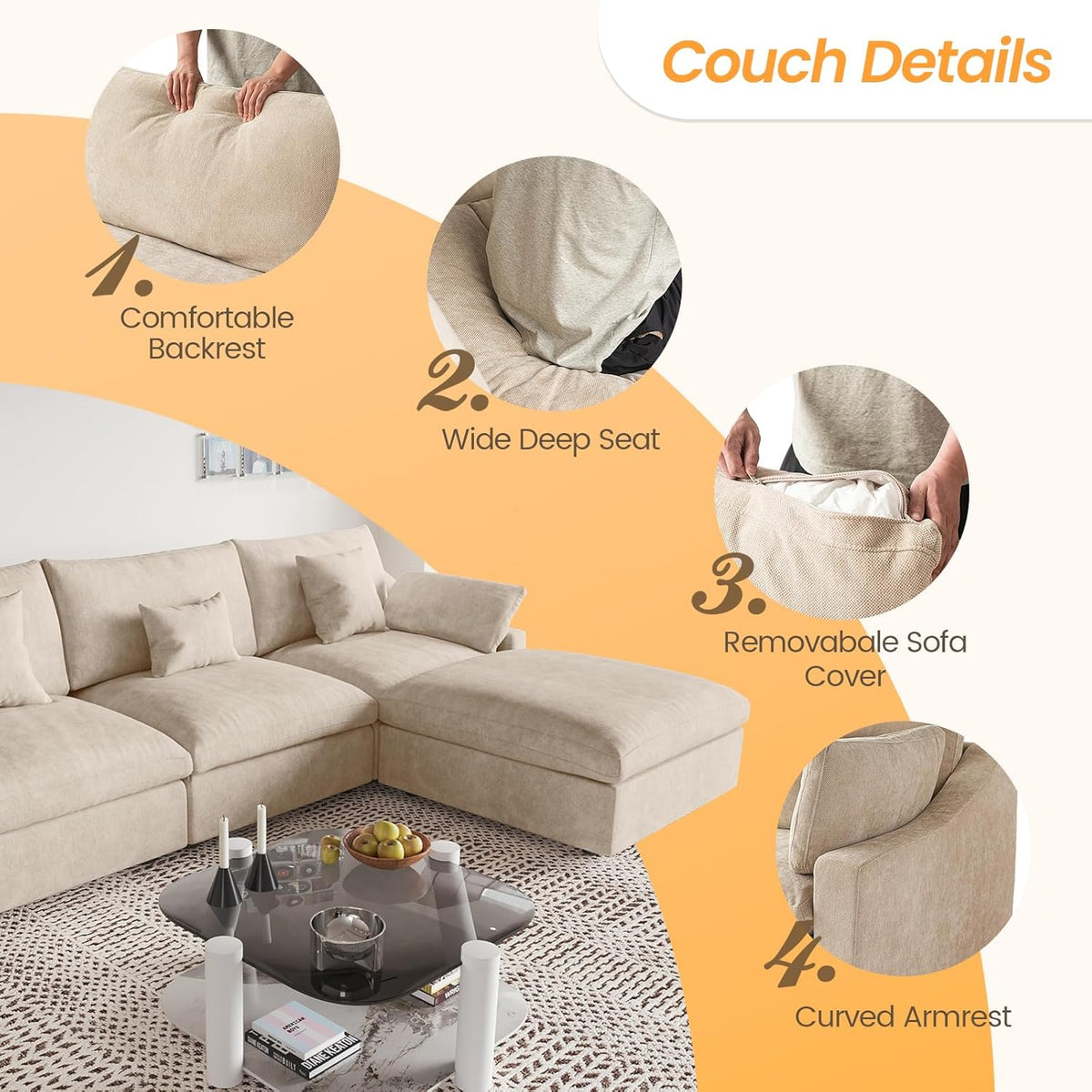 JACH Sectional Couches for Living Room, Cloud Sectional Couch with Deep Seat, Love Seat Modular