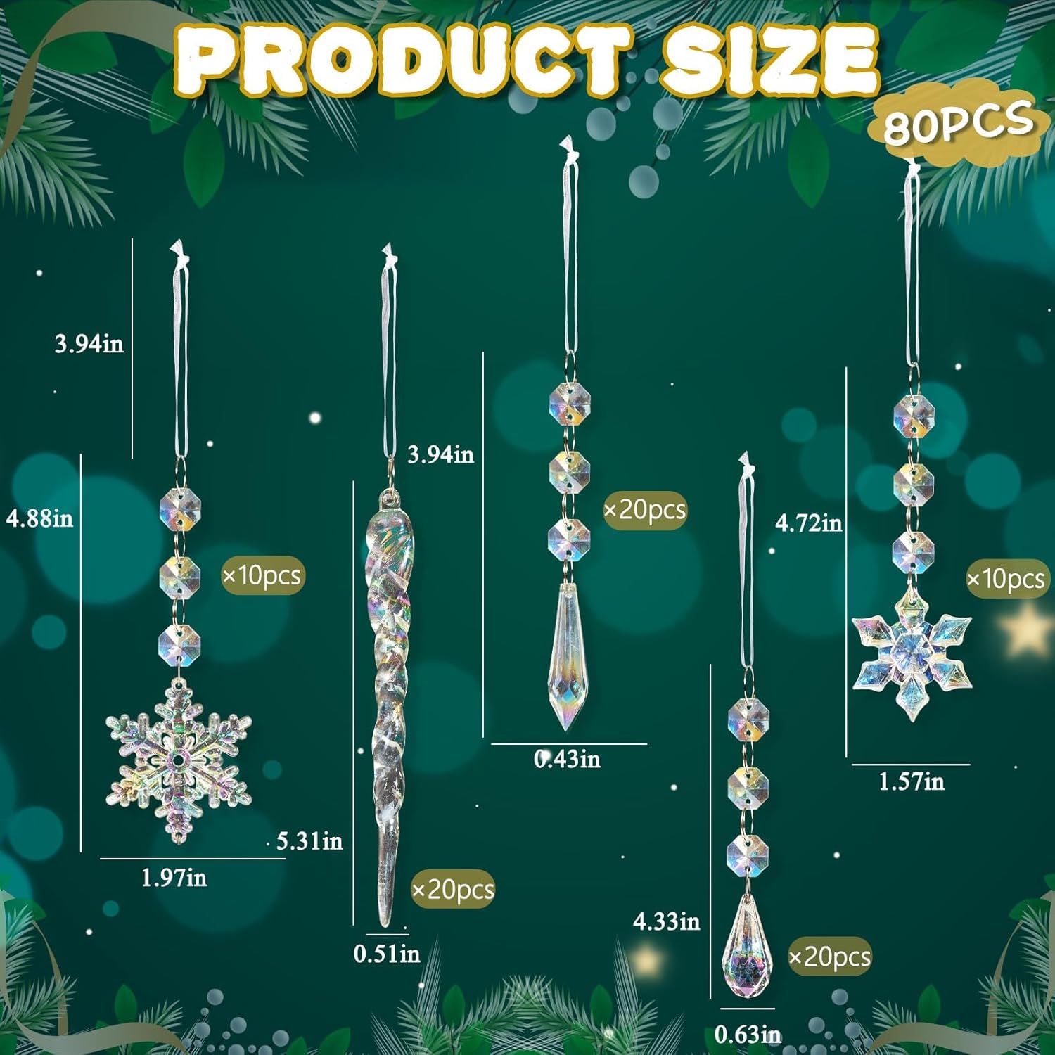 80pcs Christmas Crystal Snowflake Ornaments for Tree - Iridescent Christmas Acrylic Snowflakes Drop