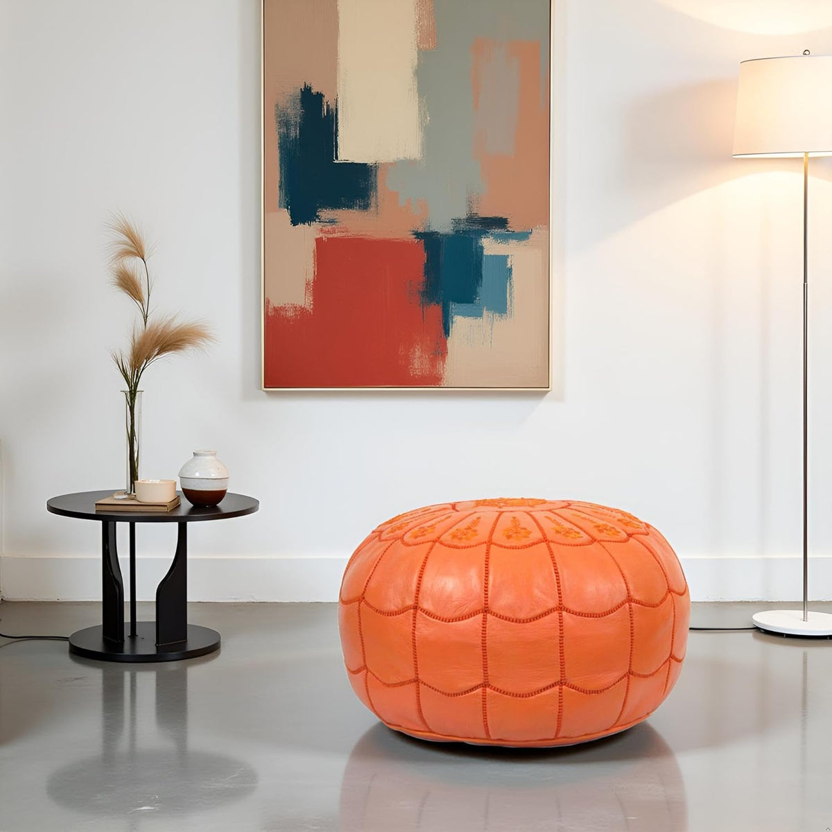 Stuffed Arch Design Moroccan Leather Pouf Ottoman, Handmade, Pre-Filled, 100% Genuine Leather, 14”