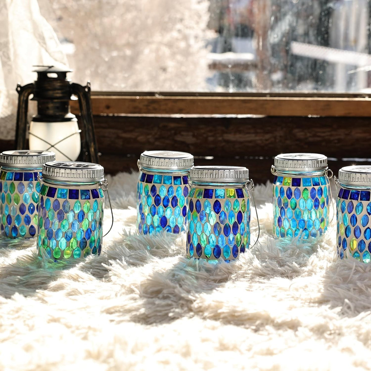 Cooo 4 Pack Mosaic Lanterns Outdoor Waterproof with 215% Larger Solar Panel, Never Rust Lids, True