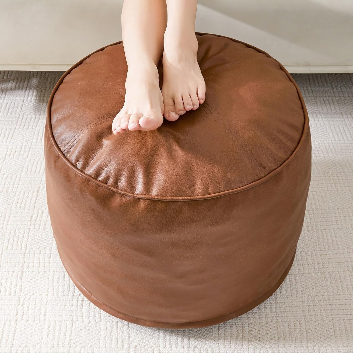 HIGOGOGO Round Stuffed Pouf Ottoman, Pu Leather Poufs with Foam Chunk Filling, Furry and Fluffy
