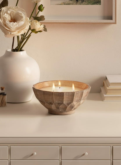 Kate and Laurel Plete Round Pleated Wood Candle Bowl, 8 Inch Diameter, Light Natural, Modern