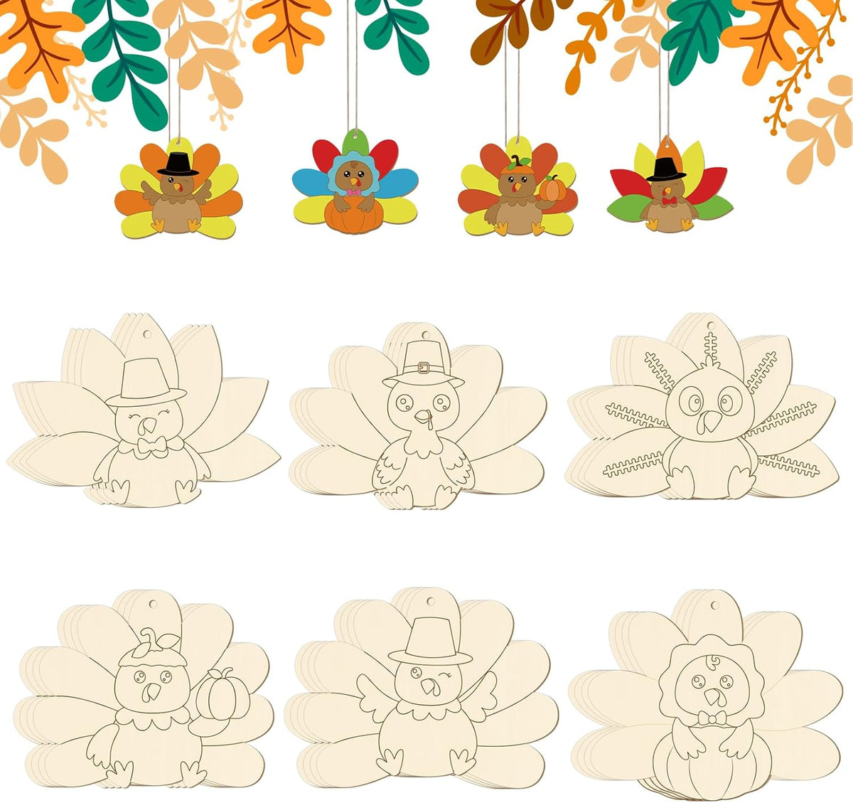 24 PCS Unfinished Wooden Thanksgiving Crafts, Turkey Shaped Hanging Ornaments DIY Wood Craft