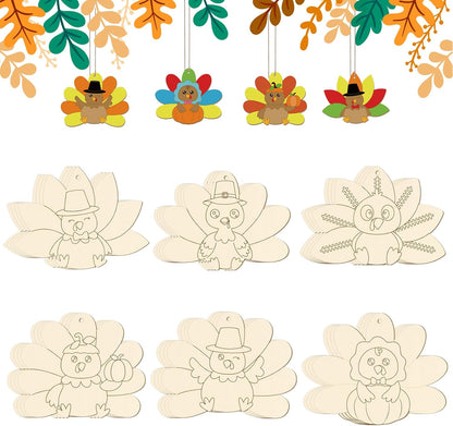 24 PCS Unfinished Wooden Thanksgiving Crafts, Turkey Shaped Hanging Ornaments DIY Wood Craft