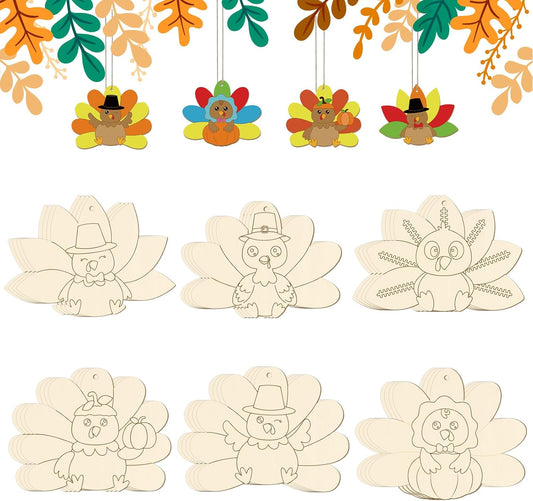 24 PCS Unfinished Wooden Thanksgiving Crafts, Turkey Shaped Hanging Ornaments DIY Wood Craft