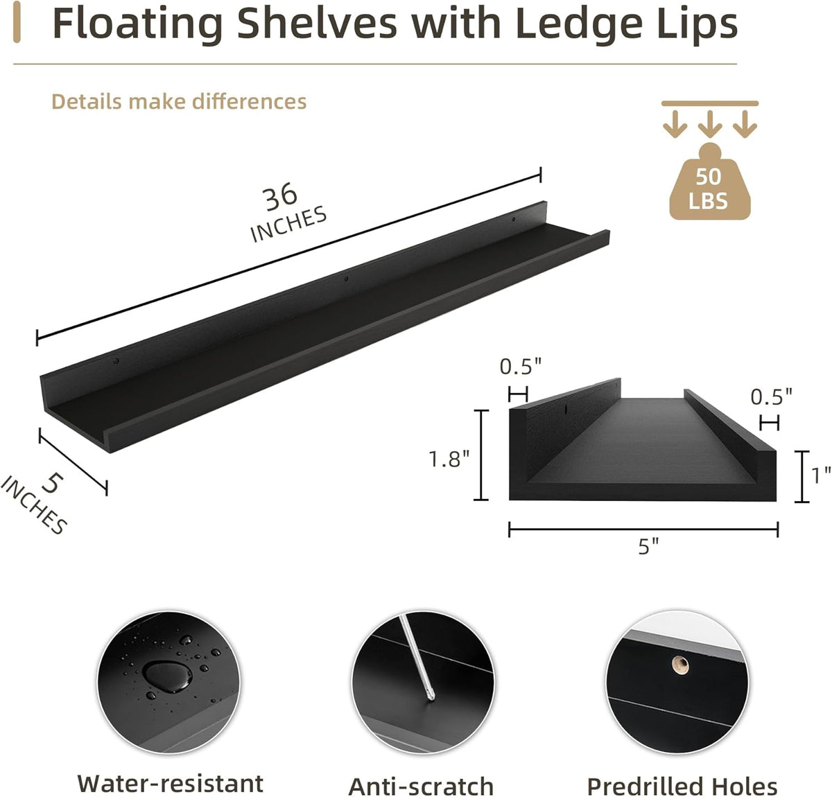 Picture Ledge Shelf, Wood Floating Shelves Set of 2, 36 inch Picture Ledge Shelves, Photo Ledge