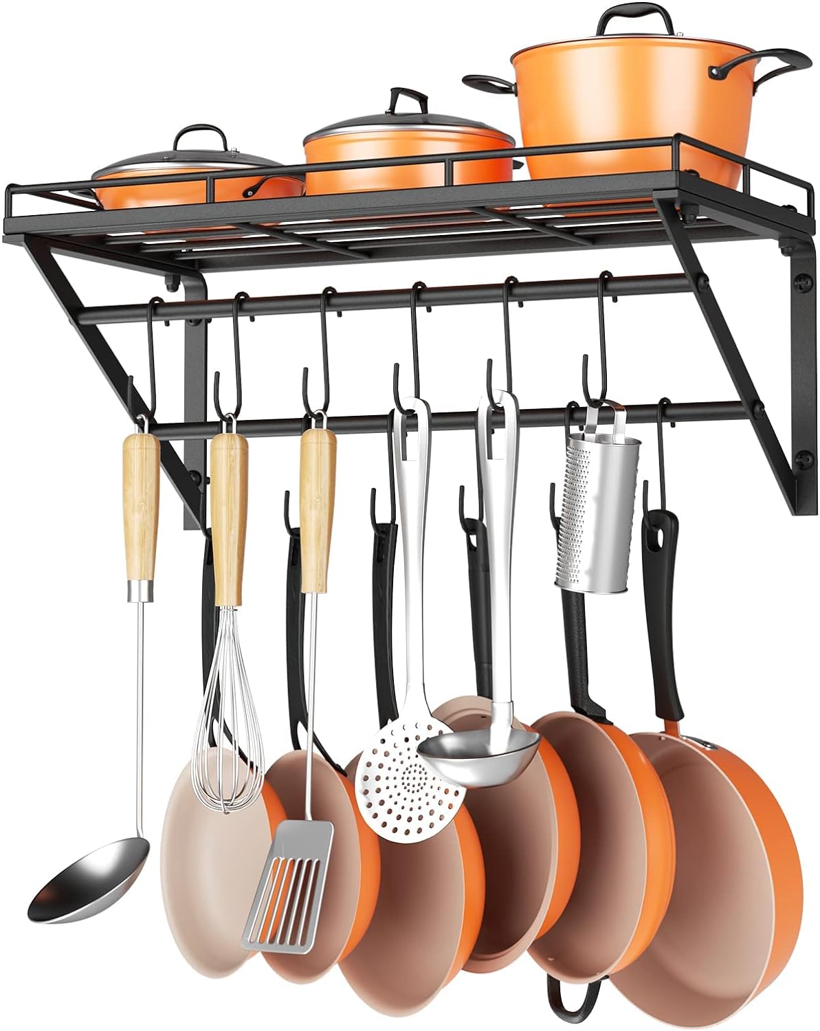 OROPY 23 Inch Wall Mounted Pot Rack Storage Shelf with 2 Tier Hanging Rails 12 S Hooks included