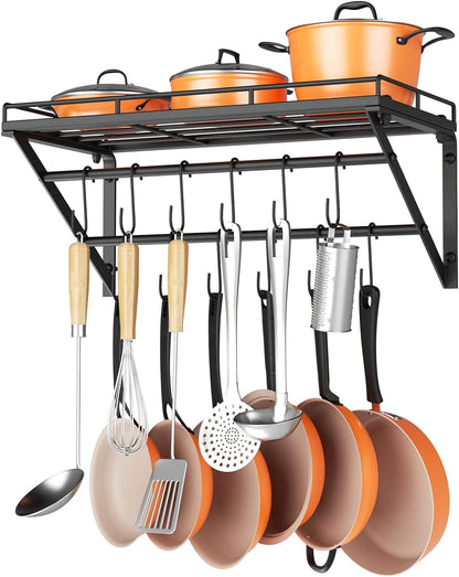 OROPY 23 Inch Wall Mounted Pot Rack Storage Shelf with 2 Tier Hanging Rails 12 S Hooks included