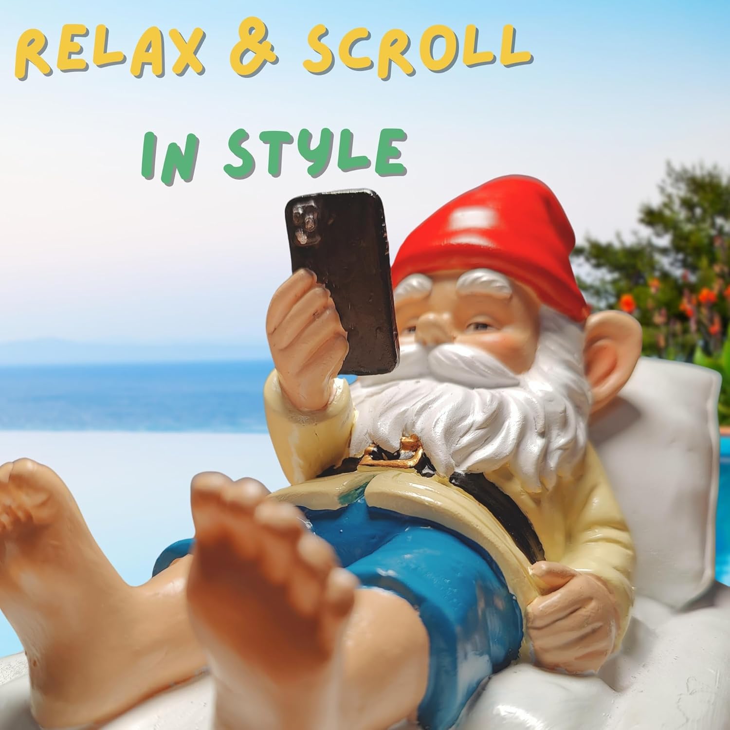 Relaxing Pool Gnome with Smartphone - 5.6" Heavy Resin Garden Statue - Weather-Resistant Funny Lawn