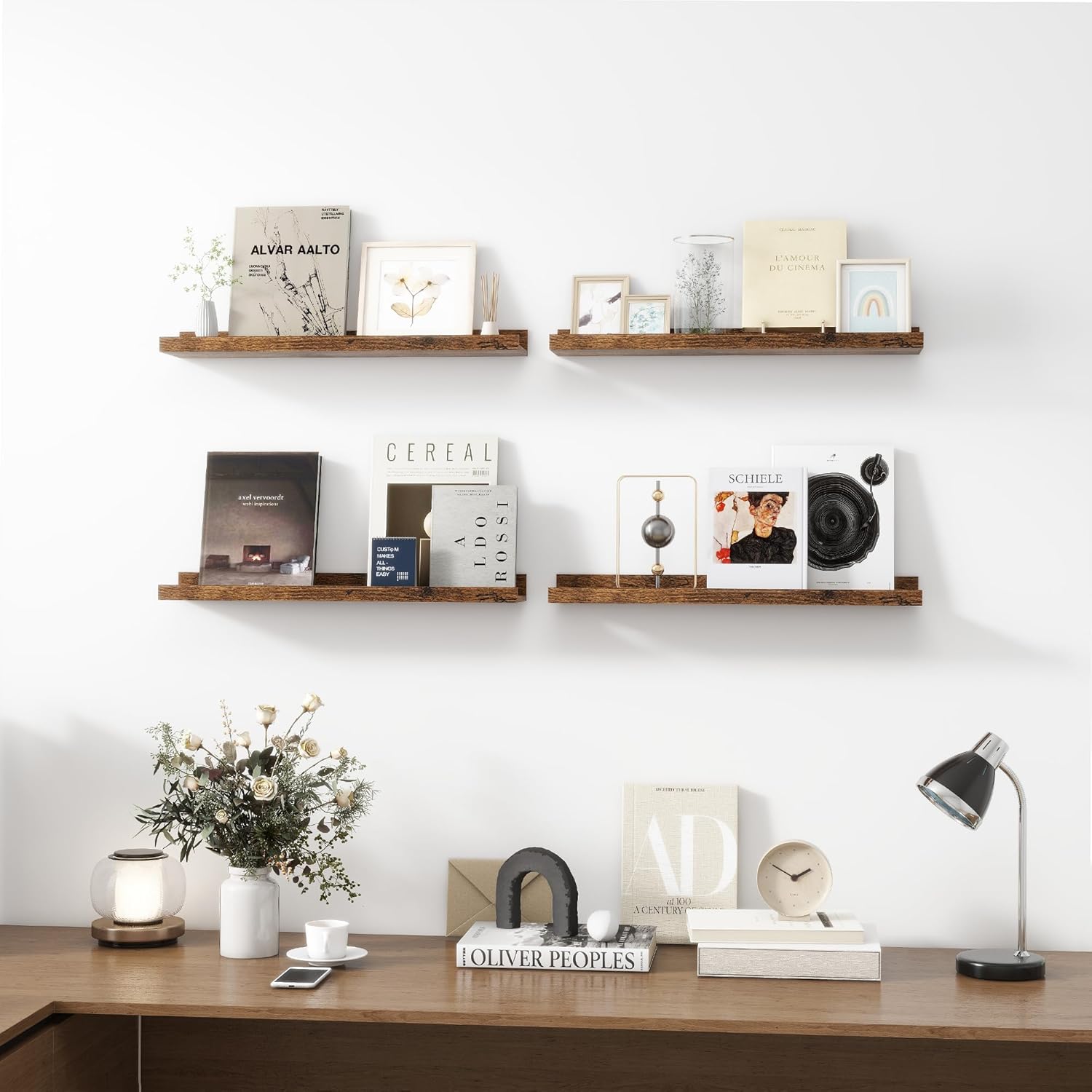 Picture Ledge Shelf, Wood Floating Shelves Set of 4, 24 inch Picture Ledge Shelves, Photo Ledge