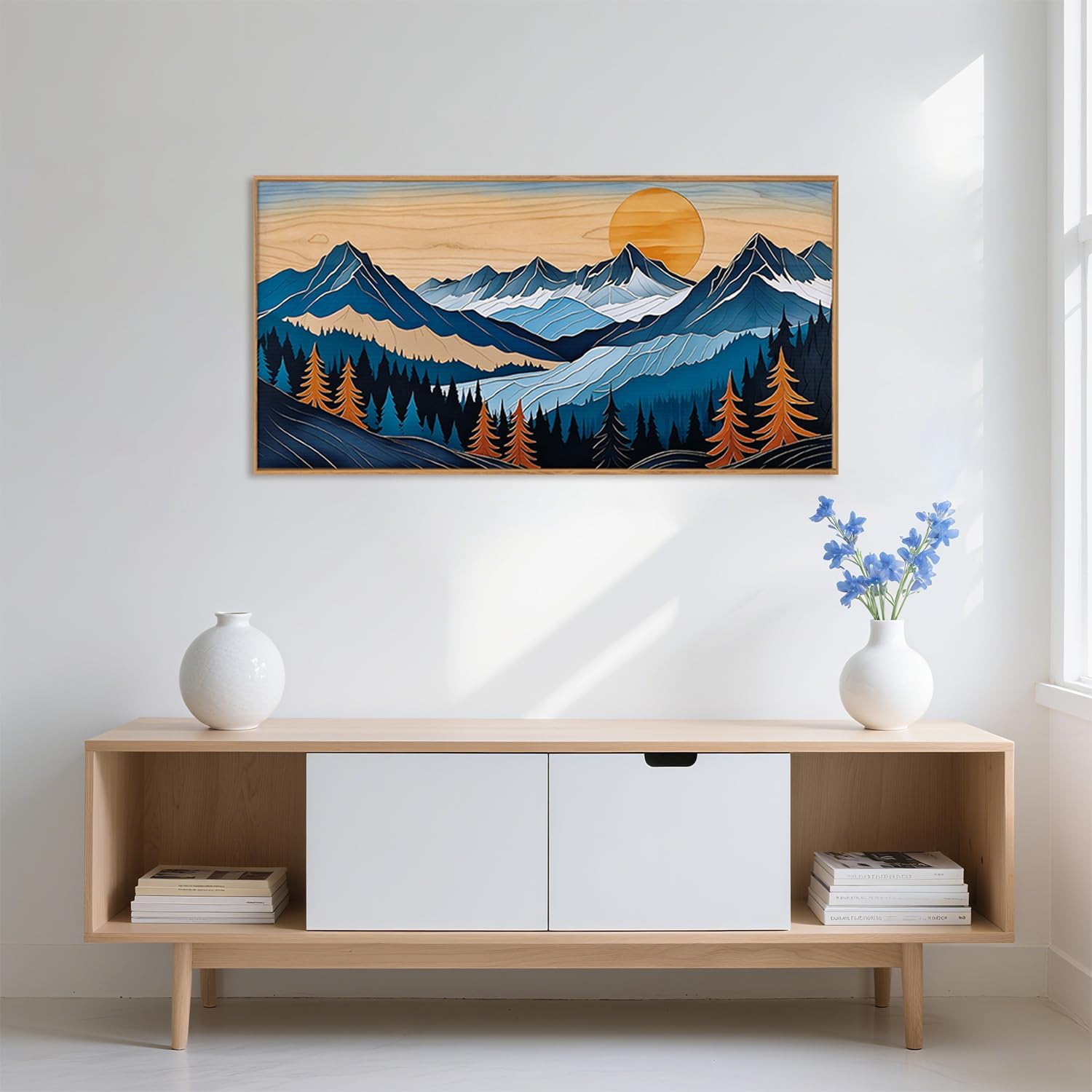 Blue Woodcut Mountain Framed Canvas Wall Art Set, Boho Abstract Ridge Wall Decor, Pine Tree
