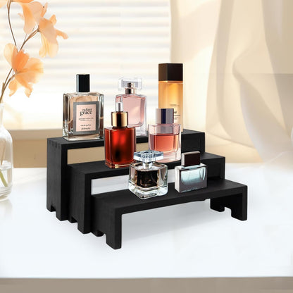 Display Wood Risers Wooden Stand 3 Tier Black Wood Racks Decorative Rectangular, 2 Set 6 Piece