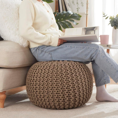 Ornavo Home Pouf Ottoman Foot Rest - 100% Cotton Pouffe - Hand Knitted Cable Braid Cord - Boho