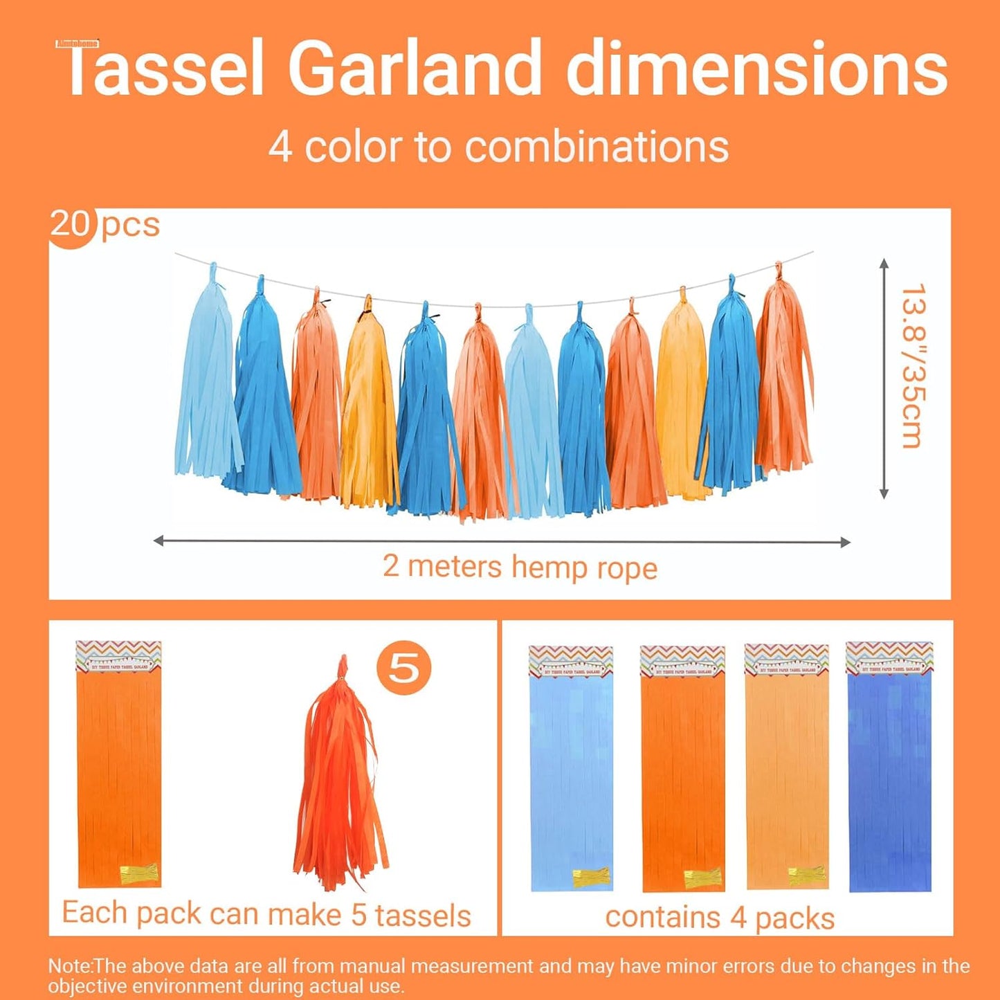 Orange and Blue Paper Tassel, 20 Pack, Party Decorations for Birthday, Baby Shower, Sprot