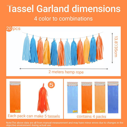 Orange and Blue Paper Tassel, 20 Pack, Party Decorations for Birthday, Baby Shower, Sprot