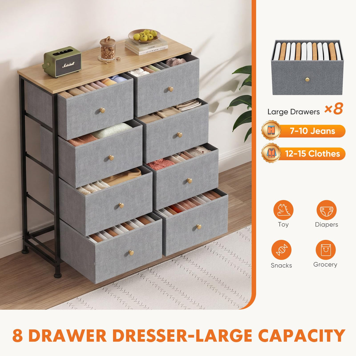 Sweetcrispy 8 Drawer Dresser for Bedroom, Organizer Storage Drawers, Blue