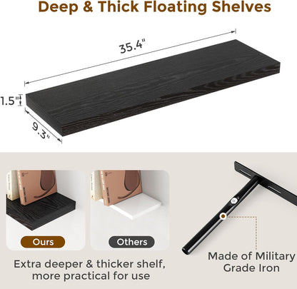 Fun Memories Black Floating Shelves 36 Inch Long, 9 Inch Deep Wall Shelves Set of 2, 36 x 9