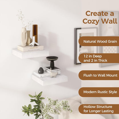 Fun Memories 12 Inch Floating Shelf, Rustic Wood Wall Shelves for Wall Decor & Storage, 12 x 12