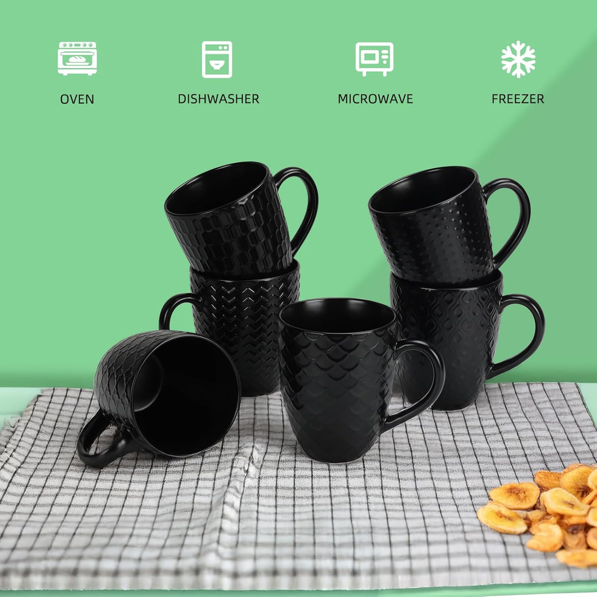 16 OZ Bone Coffee Mugs Set of 6 Matte Black, Large Ceramic Coffee Mugs Set with Different Texture