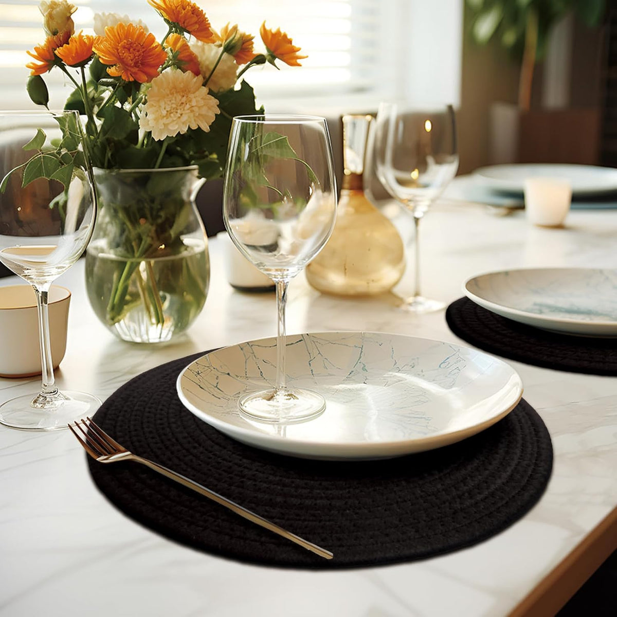 Round Placemats Set of 6, Cotton Rope Woven Table Mats, Hot Pads for Kitchen, Non Slip Heat