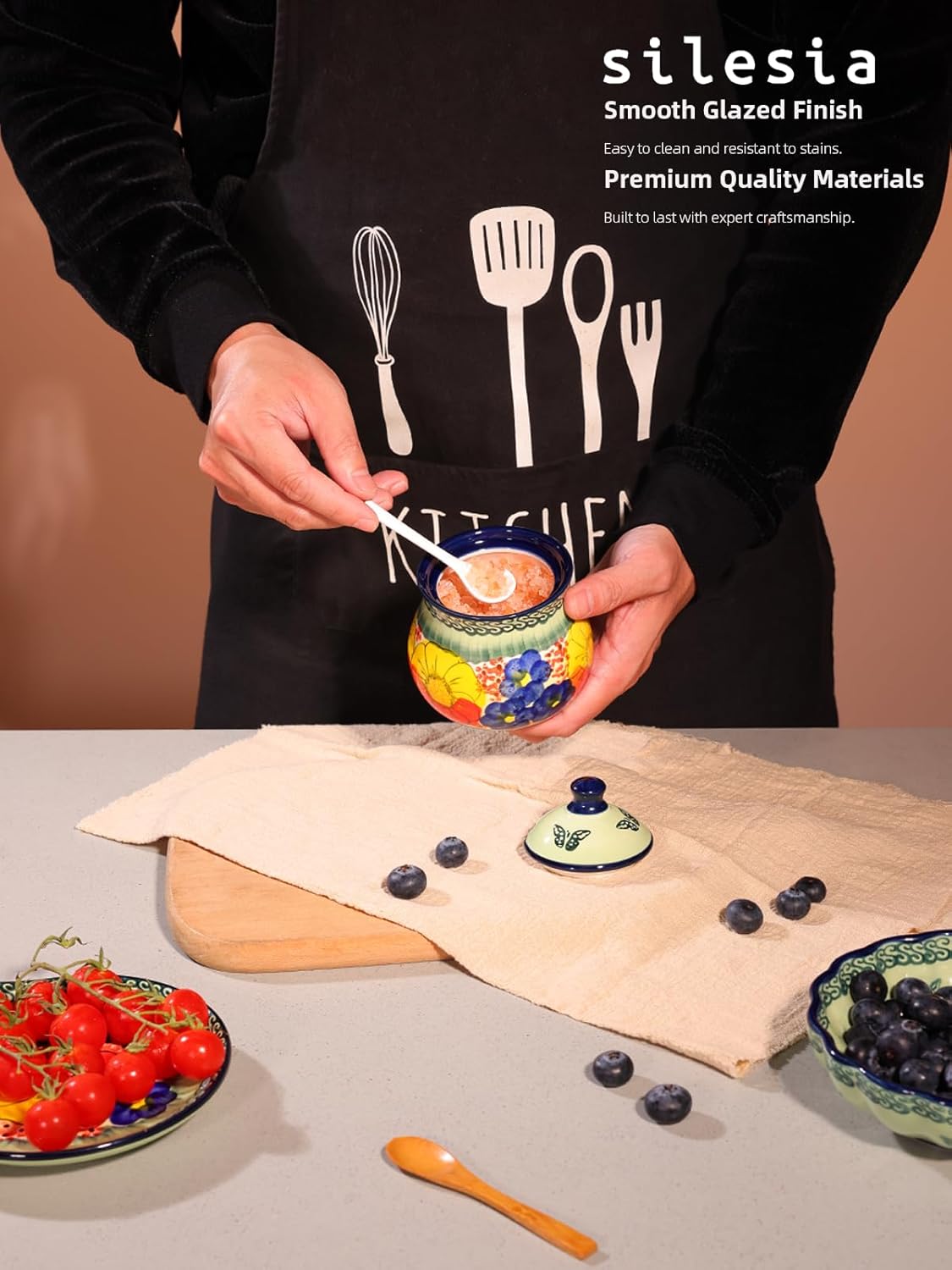 silesia Handmade Sugar Bowl with Lid and Spoon, 9 Ounce Ceramic Hand-Painted Sugar Jar for Home in