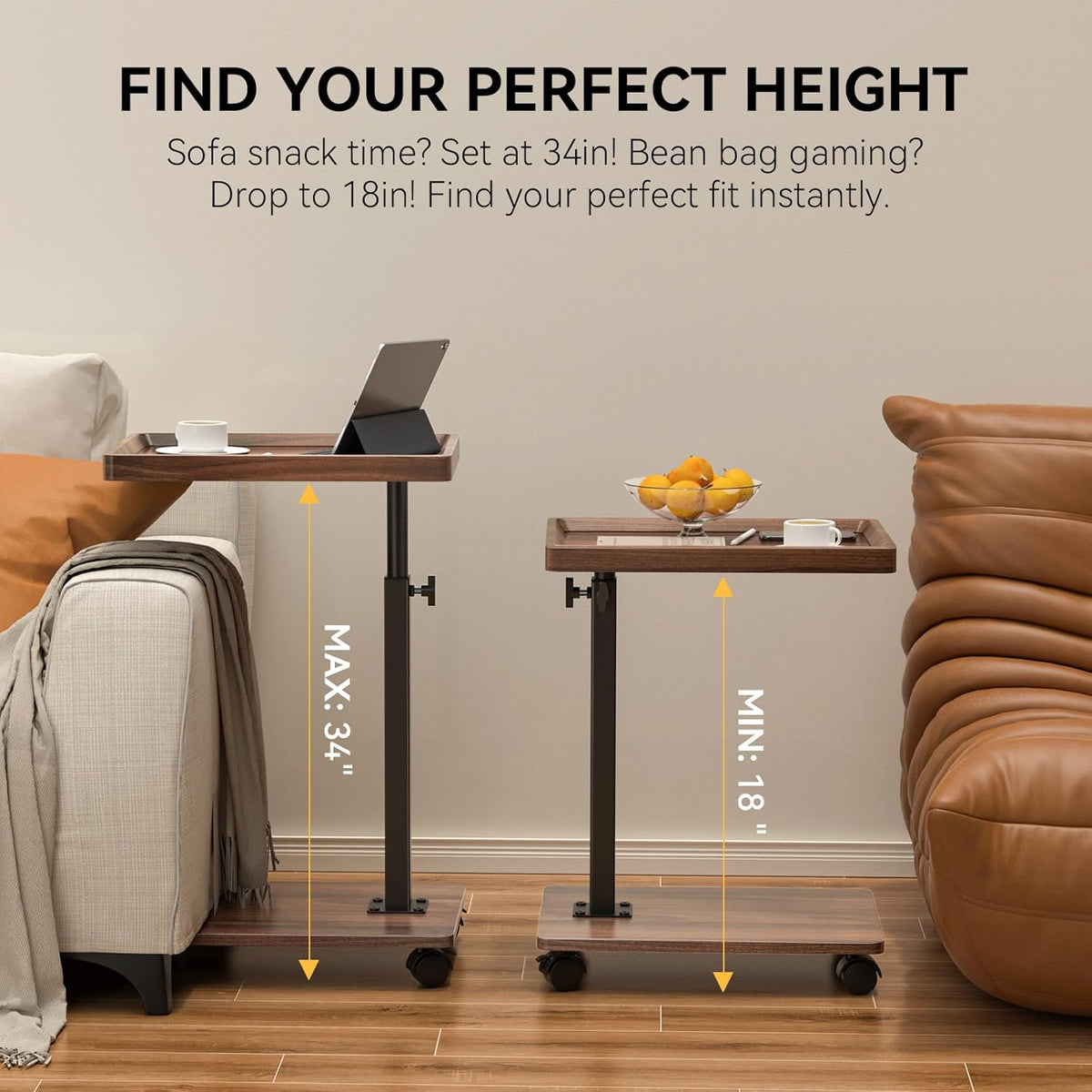 C Table End Table Adjustable Height, 360°Swivel TV Tray Table for Small Spaces, Couch Tables That