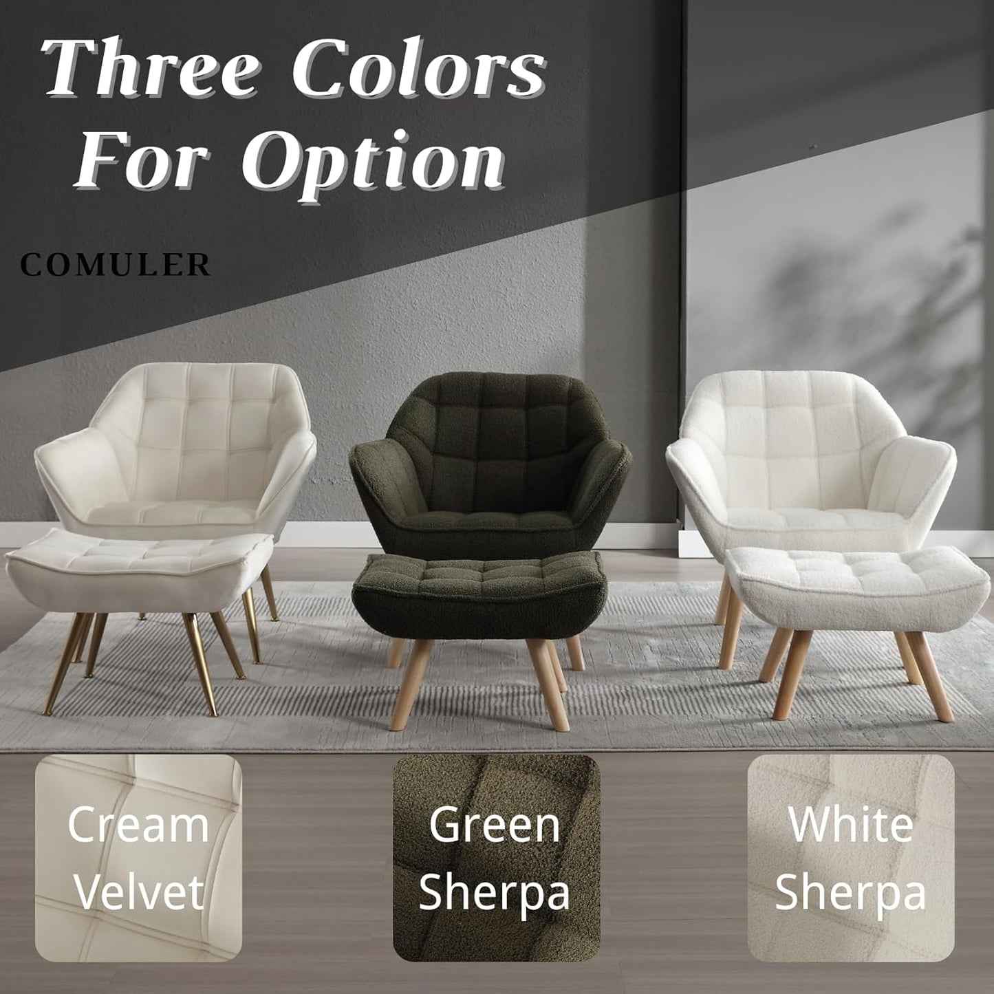 Green Sherpa Accent Chair with Ottoman ，Modern Reading Chair with Ottoman Set, Comfy Fuzzy Armchair