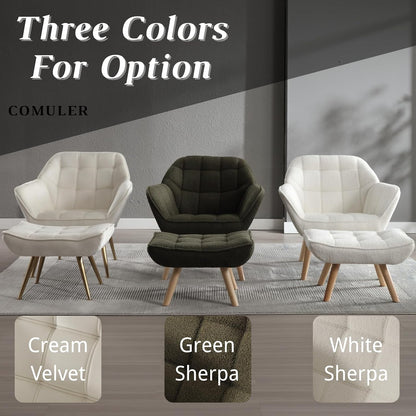 Green Sherpa Accent Chair with Ottoman ，Modern Reading Chair with Ottoman Set, Comfy Fuzzy Armchair