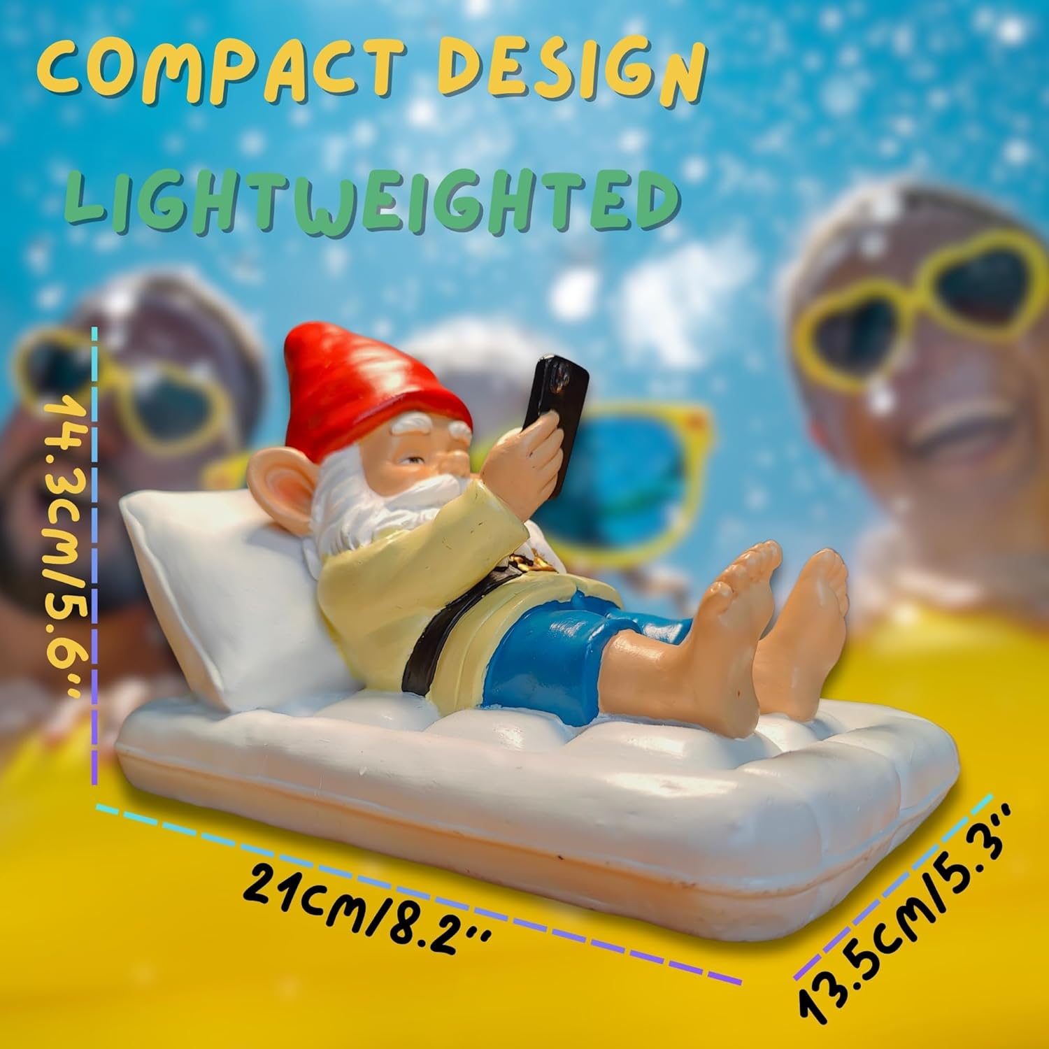 Relaxing Pool Gnome with Smartphone - 5.6" Heavy Resin Garden Statue - Weather-Resistant Funny Lawn
