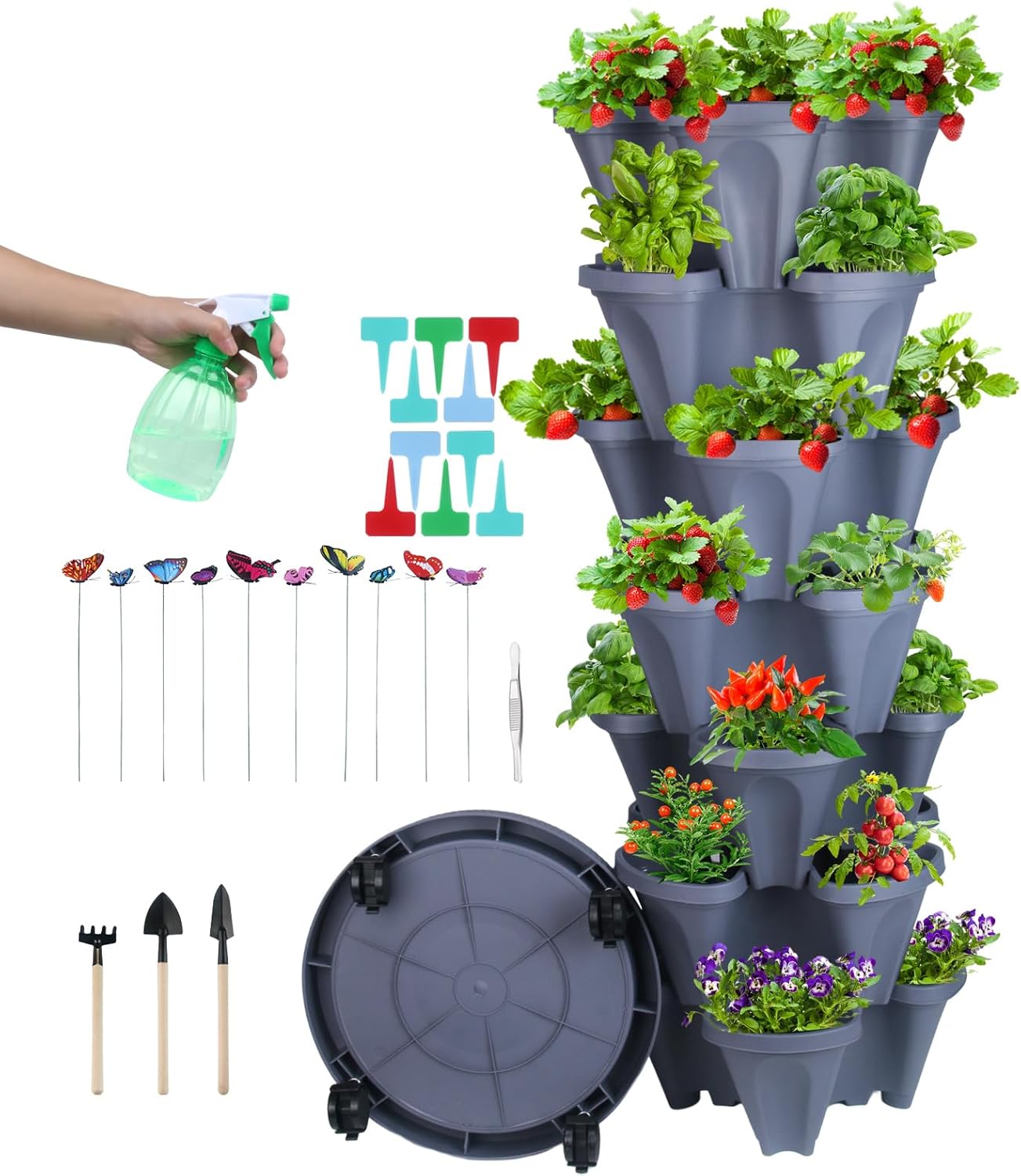 DUNCHATY Stackable Planter, Vertical Strawberry Planter with Garen Tool Set, Self Watering Garden