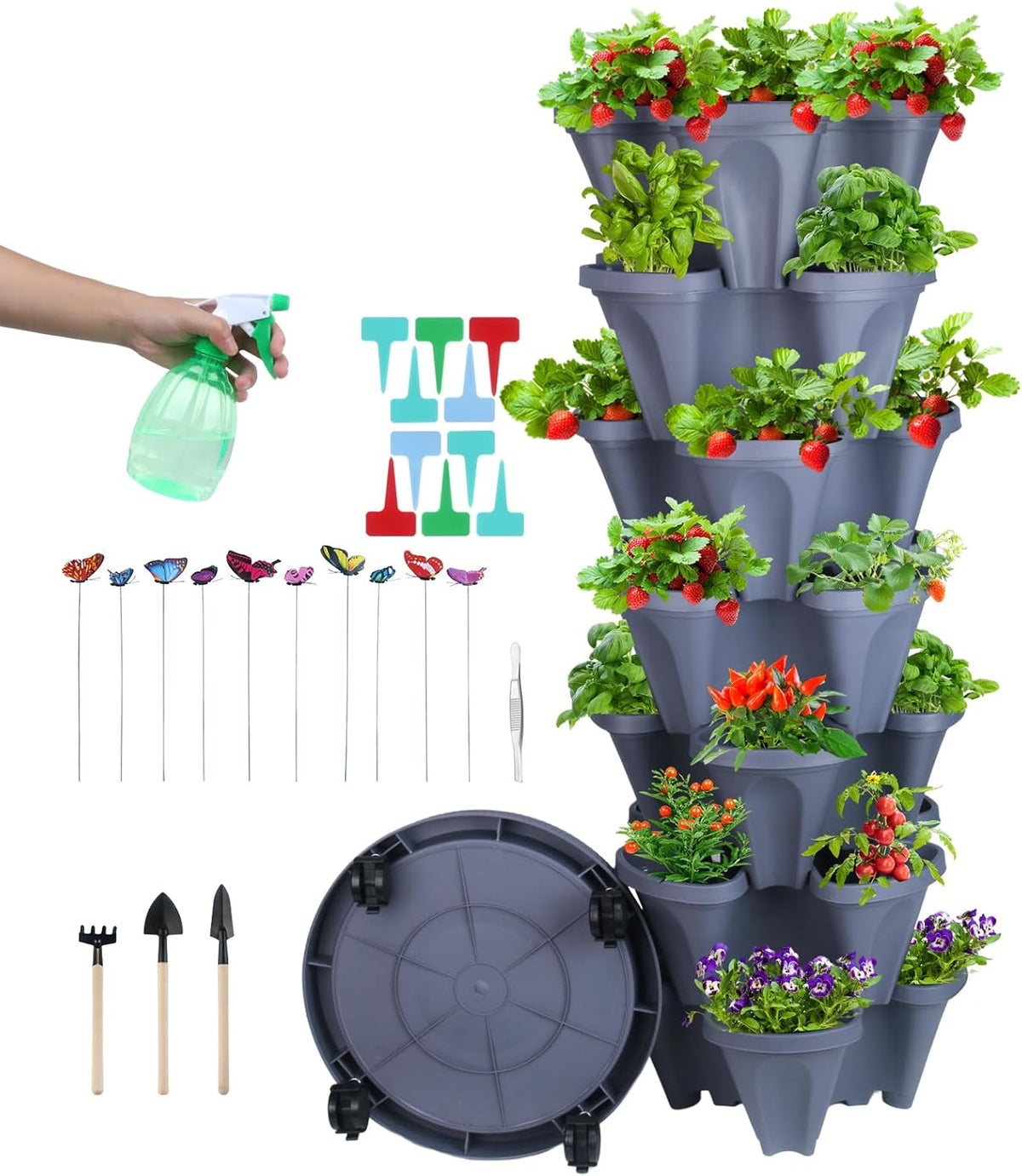 DUNCHATY Stackable Planter, Vertical Strawberry Planter with Garen Tool Set, Self Watering Garden