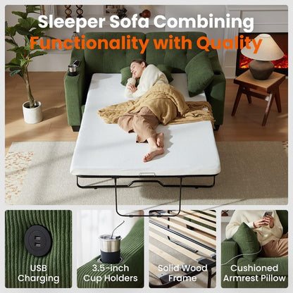 Pull Out Sofa Bed, Full Size Sleeper Sofa, 2-in-1 Convertible Corduroy Couch with USB Charging