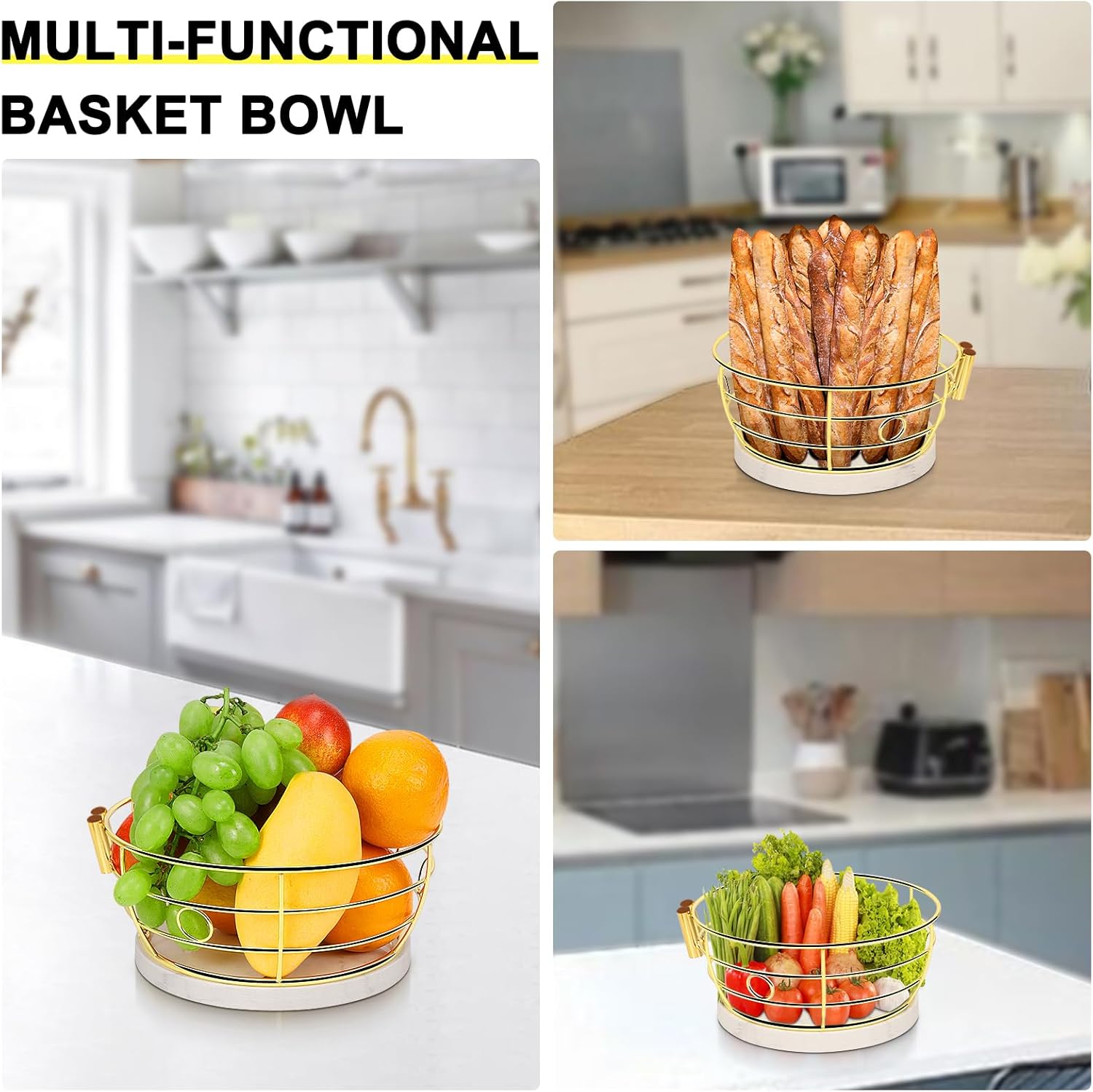 Livabber Countertop Fruit Basket Bowl with Banana Hanger, Modern Standing Fruit Vegetable Bowl