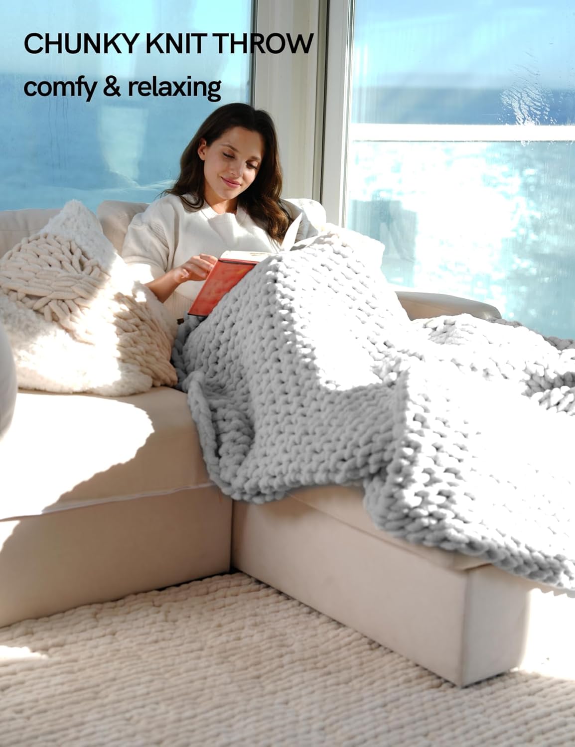 YnM Chunky Throw Blanket, Hand Knitted with Chenille Yarn, Skin Friendly, Ventilated and