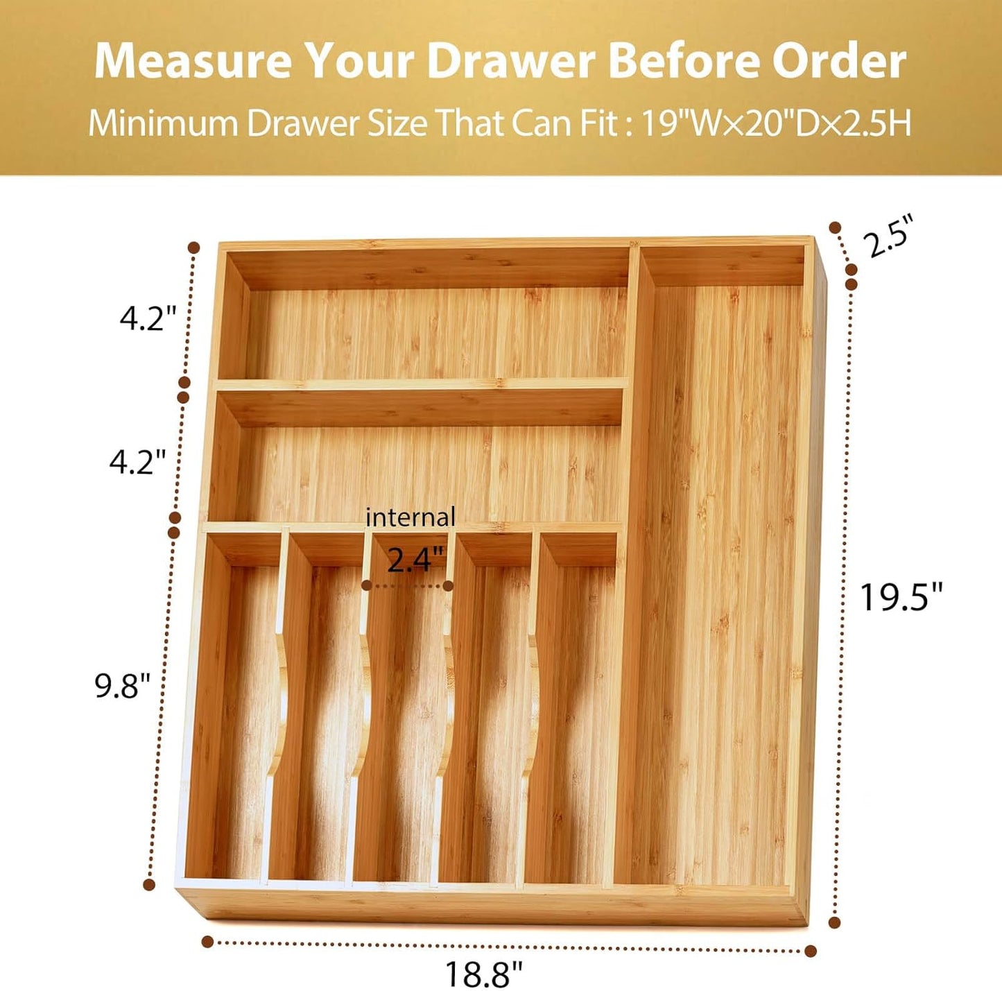 Umilife Large Kitchen Drawer Organizer, 19"x20" Silverware Utensils Organizer, 2.5" High for Large