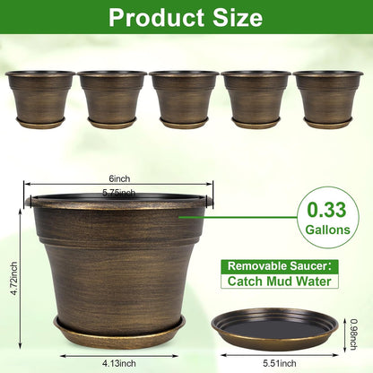 Plant Planters Pots Set of 6 Pack 6 Inch, Plastic Flower Pot for Indoor Plants with Drainage Holes