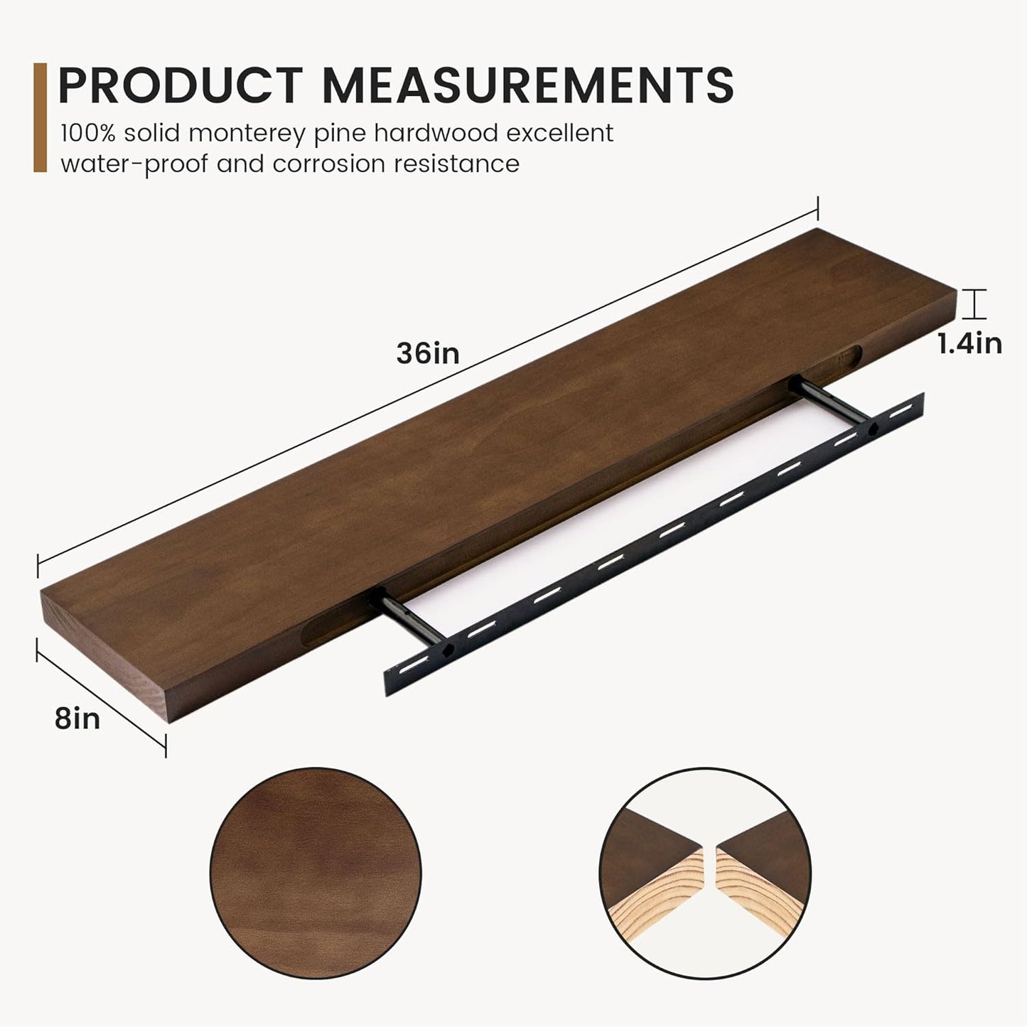 Floating Shelves 36 Inches Long - 8 Inch Deep Rustic Solid Pine Wood for Storage - Farmhouse Wall