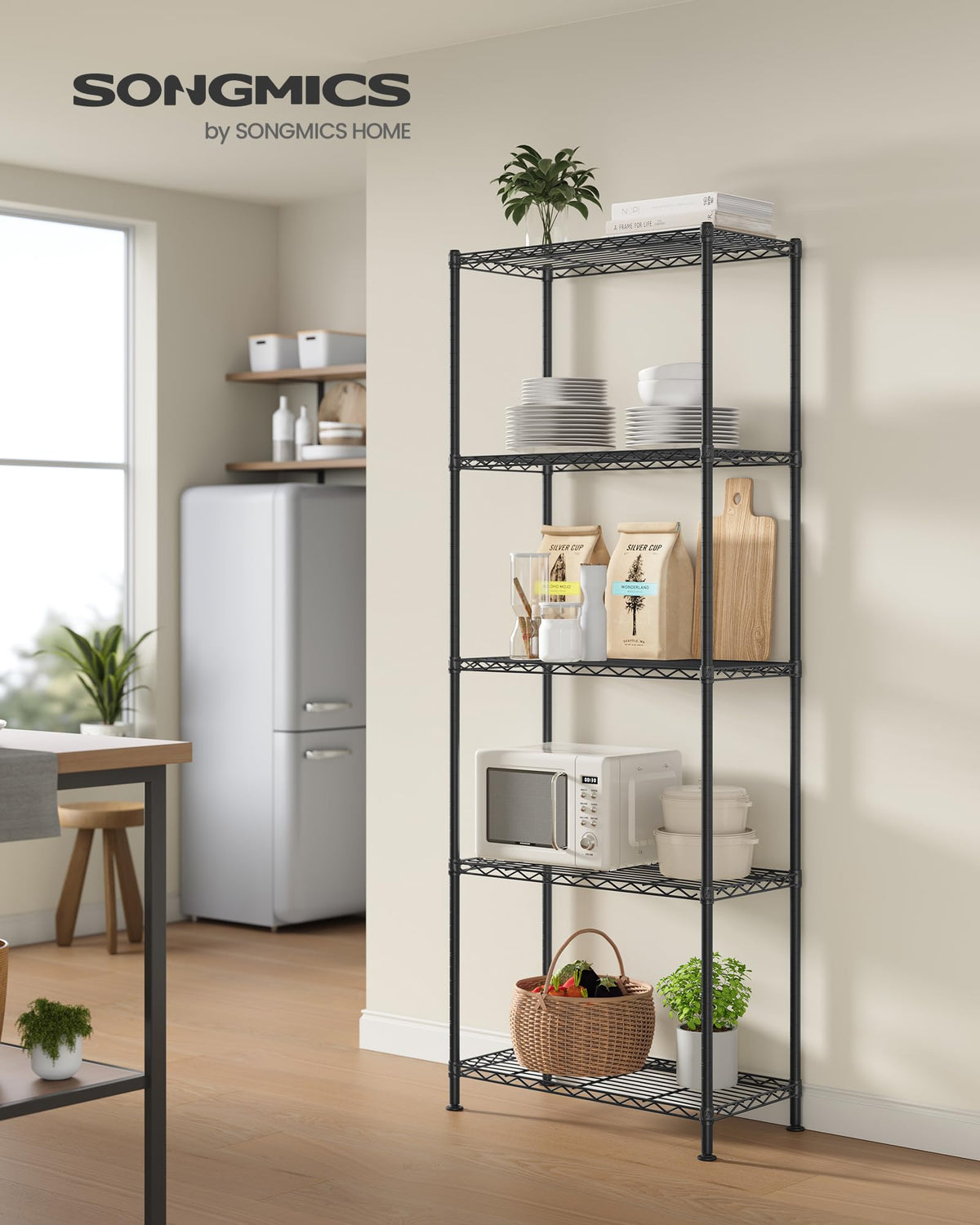 SONGMICS Storage Shelf, Metal Wire Shelving Unit, Adjustable Shelves, for Garage, Bedroom, Living