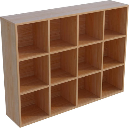 12-Cube Storage Shelf Bookcase - Wooden 3-Tier Floor Standing Open Bookshelf for Home and Office