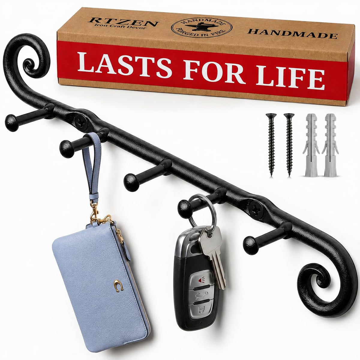 RTZEN Farmhouse Small Key Holder for Wall, Wrought Iron Wall Mount Rack