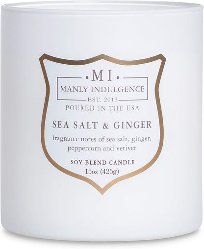Manly Indulgence Sea Salt & Ginger Scented Candles for Men, 15 oz Wooden Wick, Premium Soy Blend